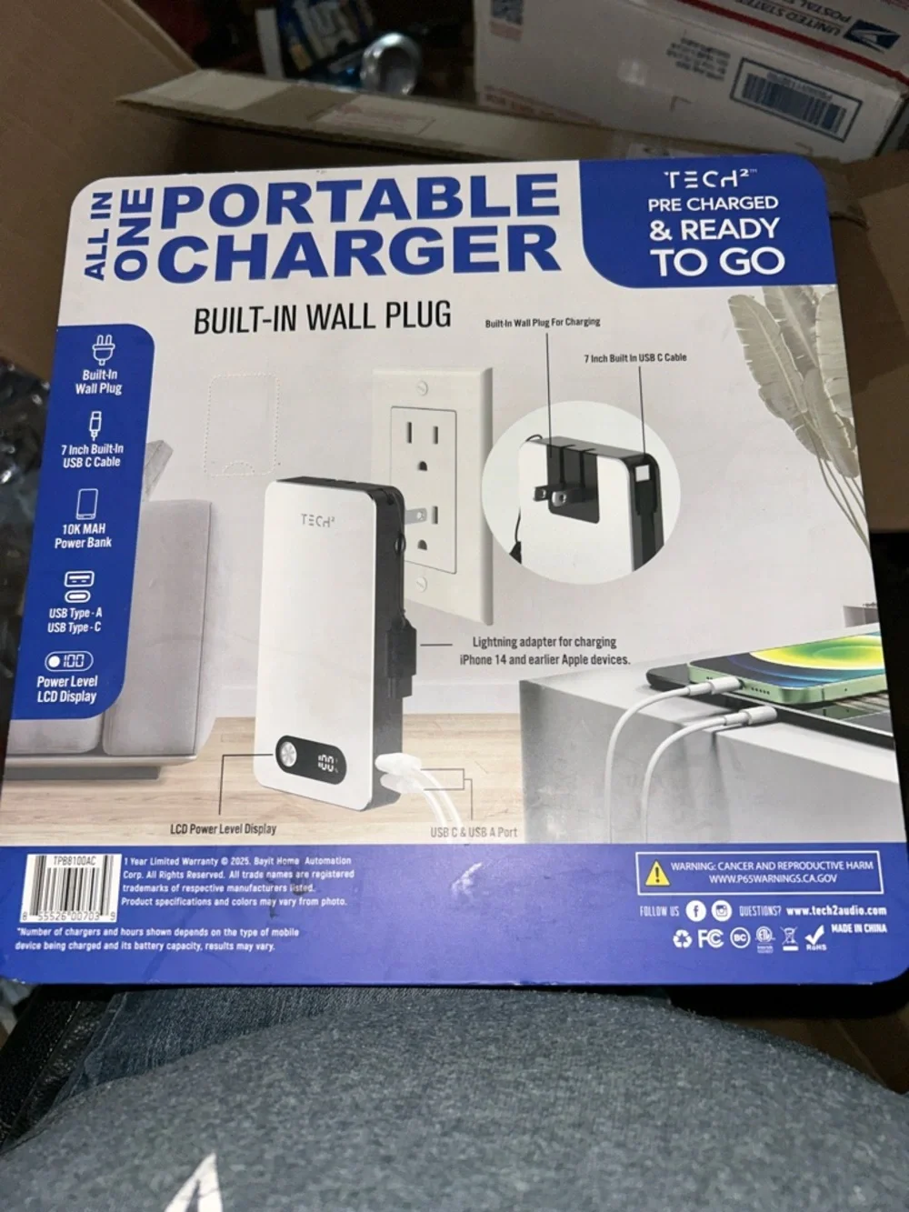 Portable Charger Power Bank with Built-In Cable and Wall Plug - Silver